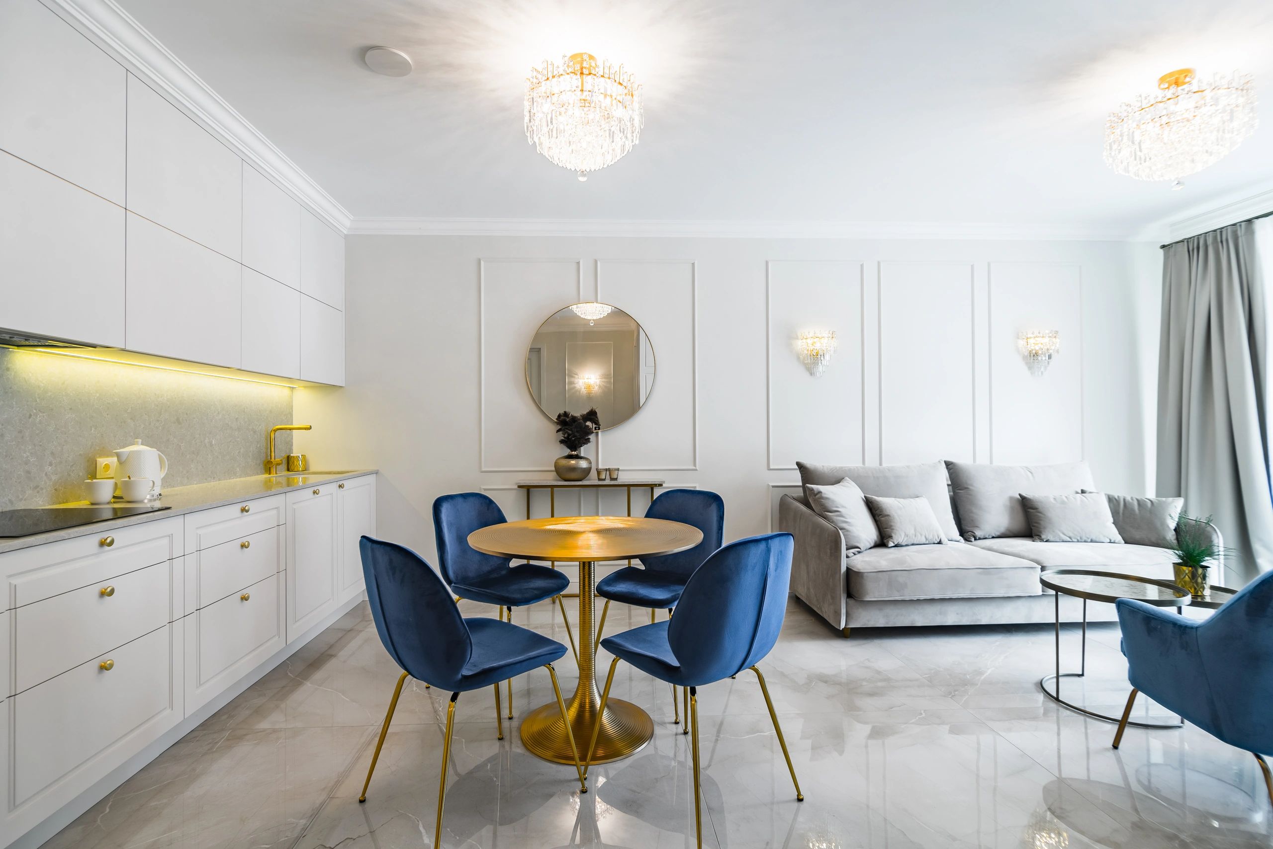Refined luxury interior with dining and living spaces