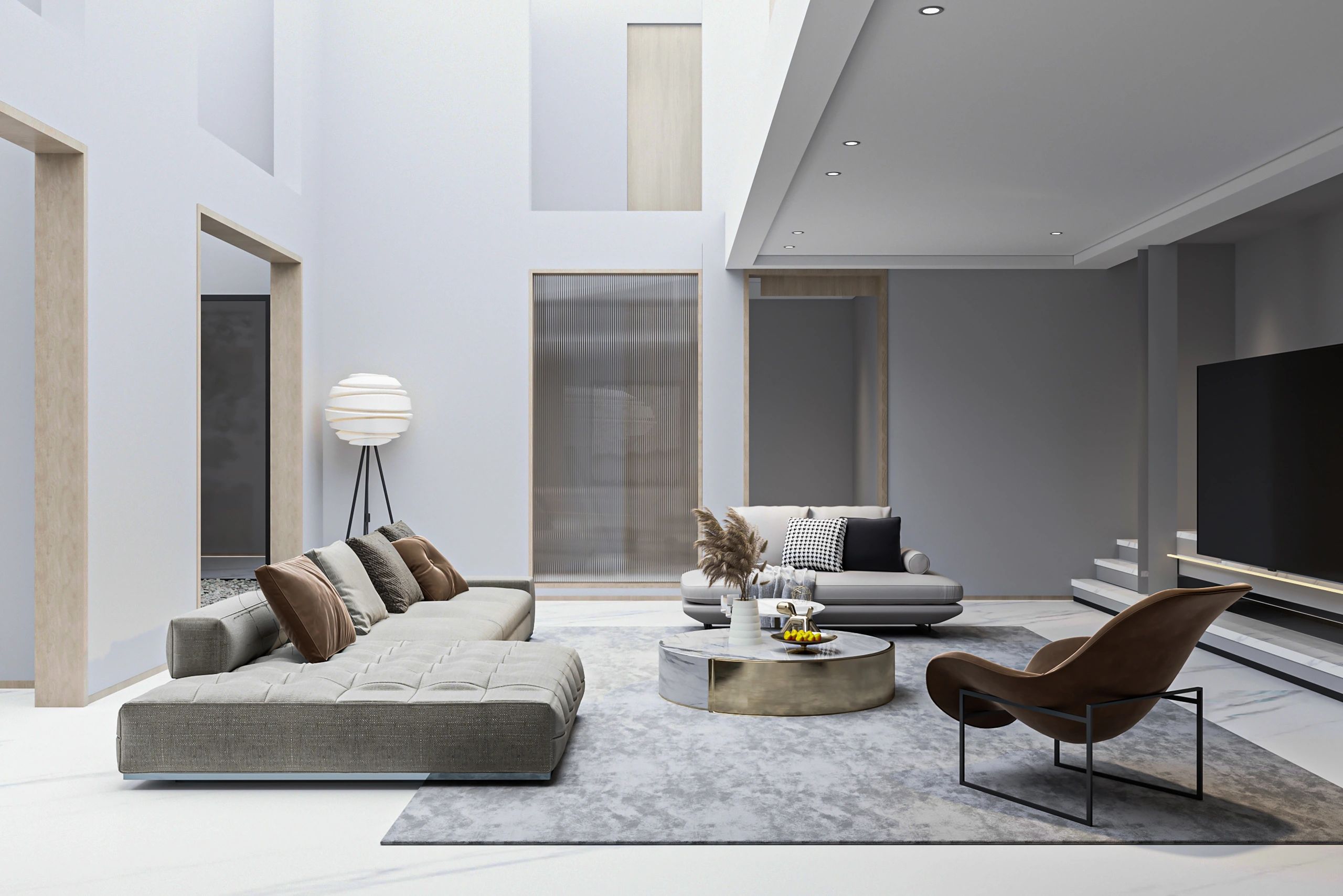 Luxury staged living room with double-height ceiling