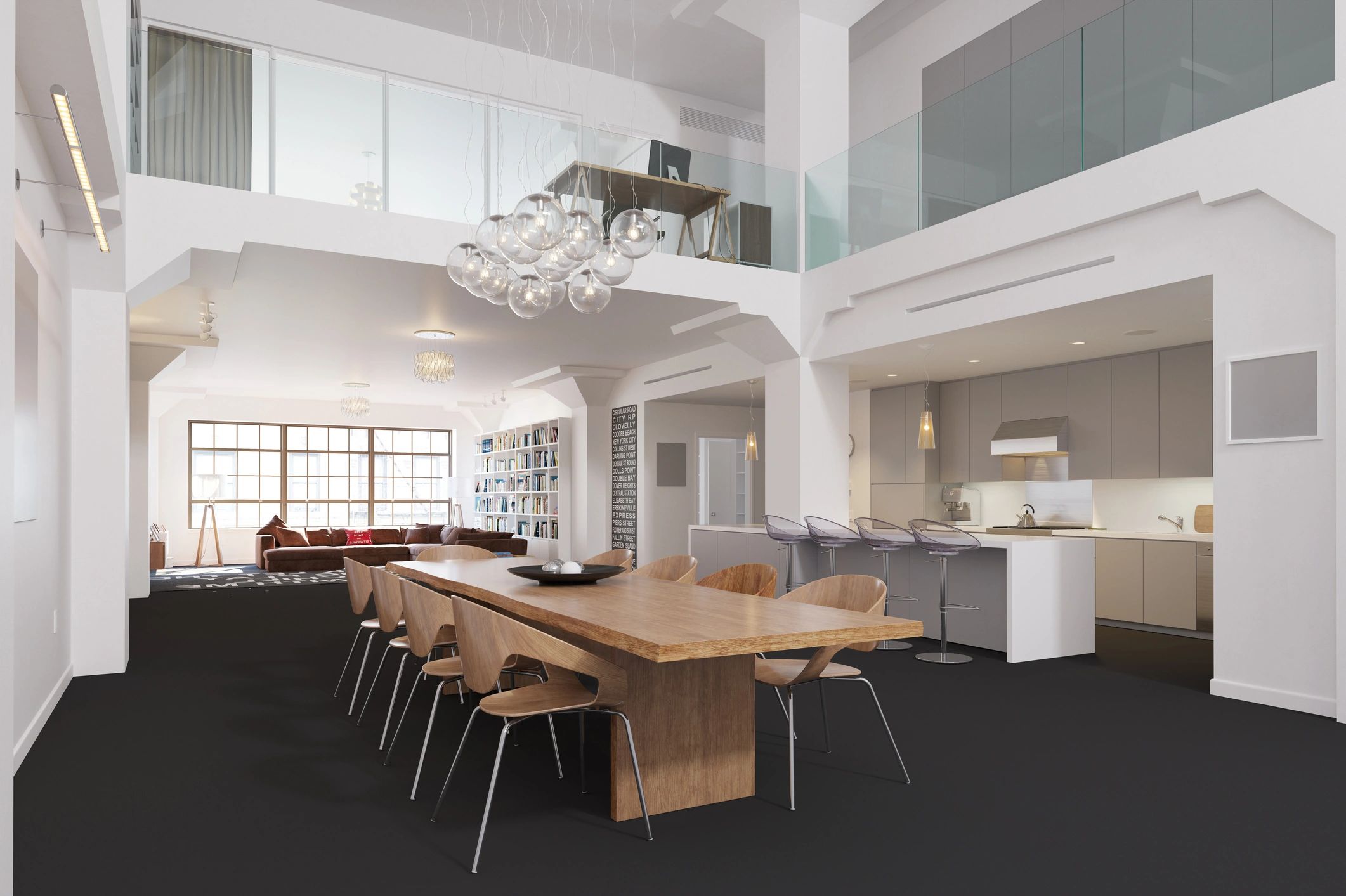 Open-plan staged dining and living area with mezzanine